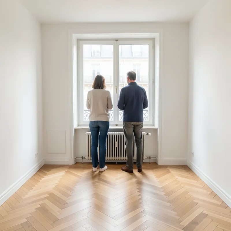 Visite d&rsquo;un appartement vide et lumineux avec un couple devant une fenêtre