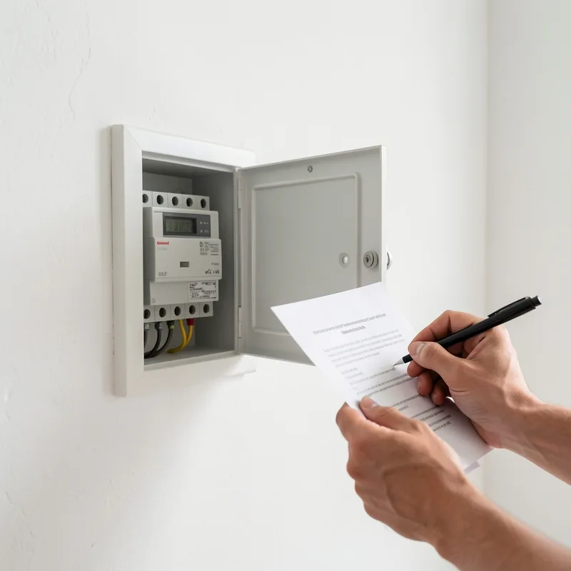 Personne relevant l&rsquo;index d&rsquo;un compteur électrique dans un logement vide