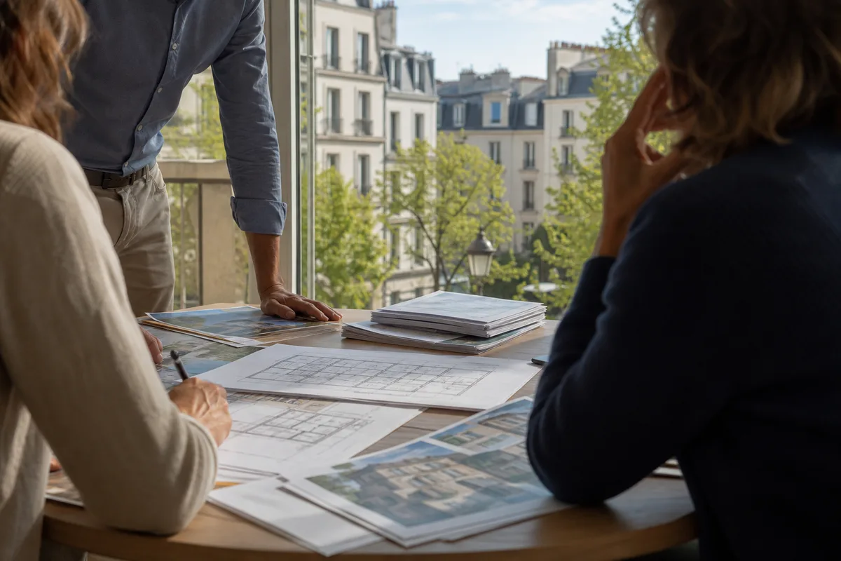 Réunion de copropriété avec documents et plans d&rsquo;immeuble sur une table