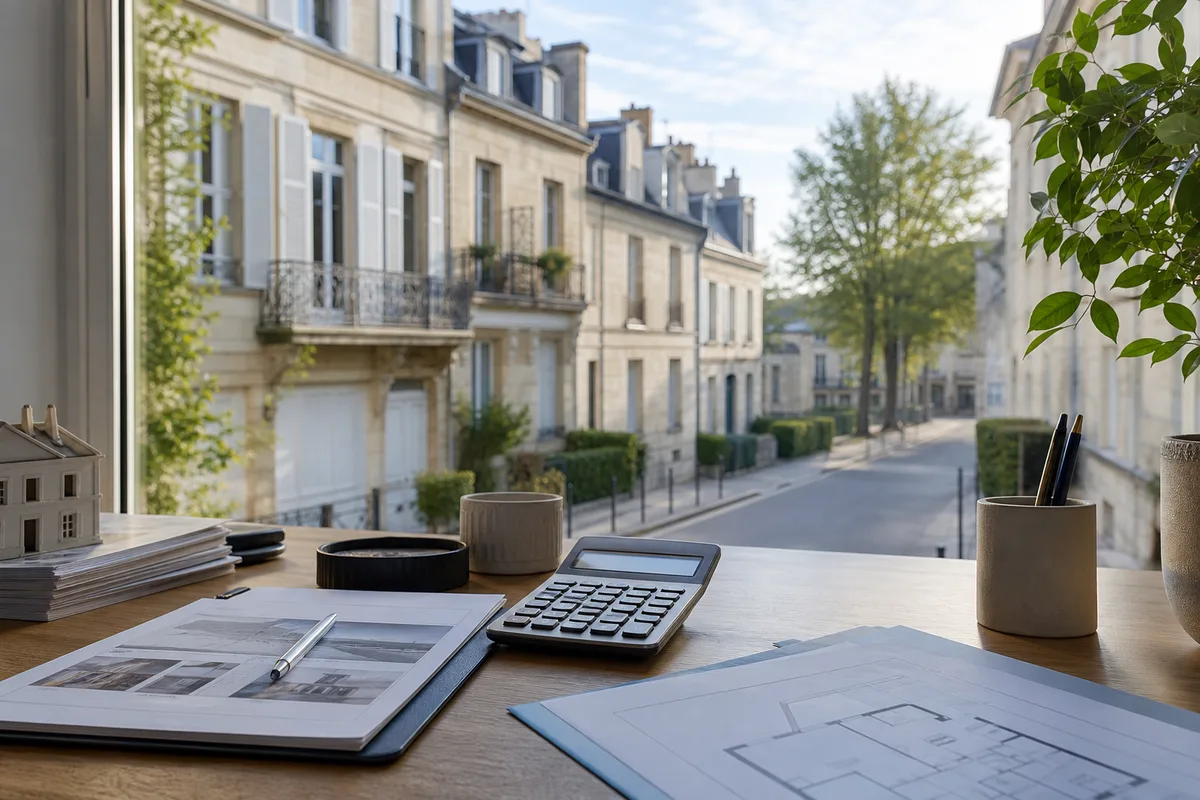 Documents de vente immobilière et calculatrice posés sur une table de bureau