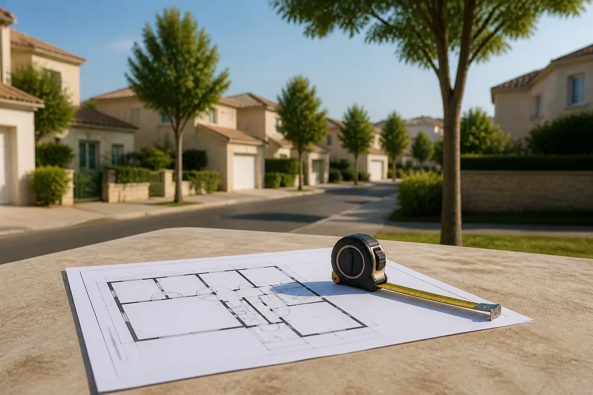 Plan de maison individuelle et mètre ruban posés sur une table