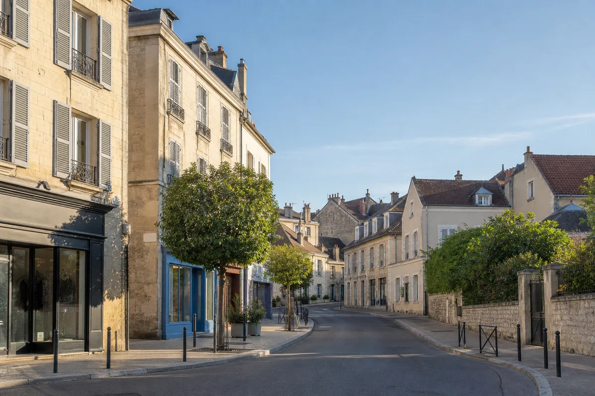 Rue commerçante du centre ancien de Pontoise avec des immeubles en pierre
