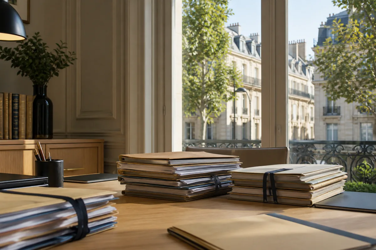 Étude notariale avec dossiers d&rsquo;actes de vente immobilière empilés