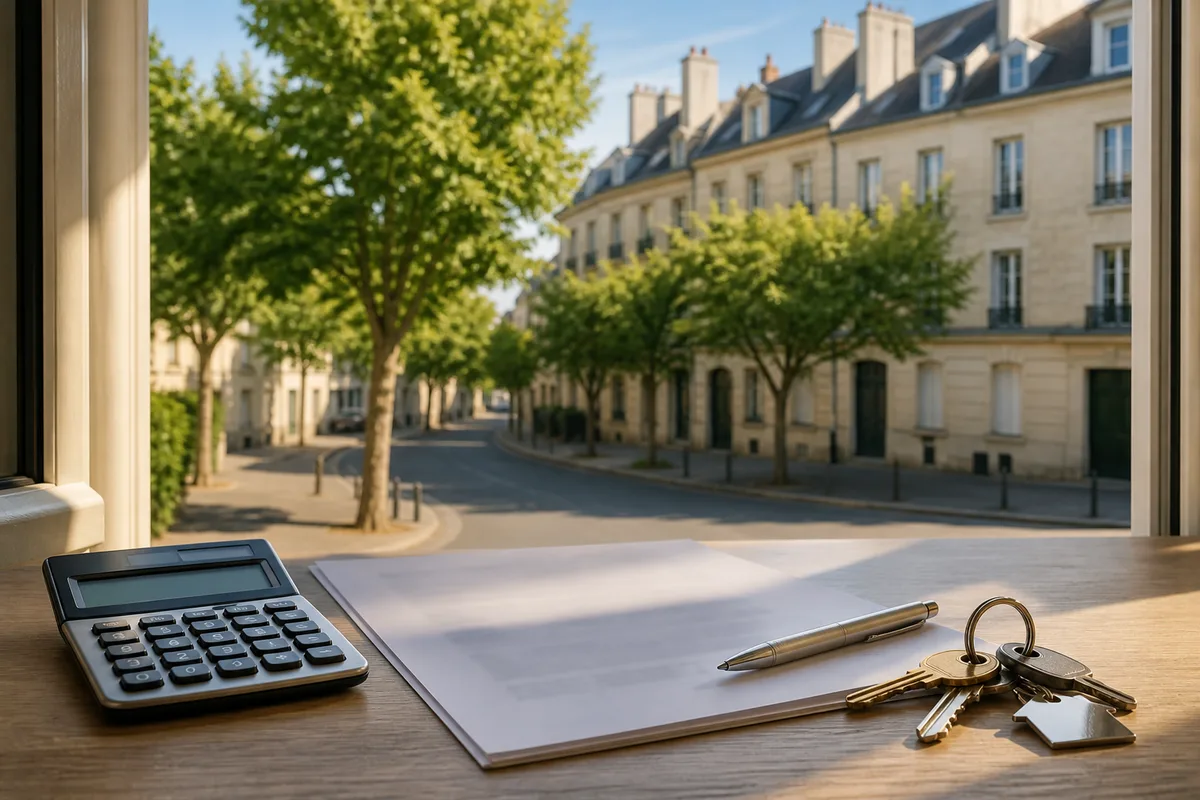 Calculatrice, contrat de vente et clés de logement sur un bureau