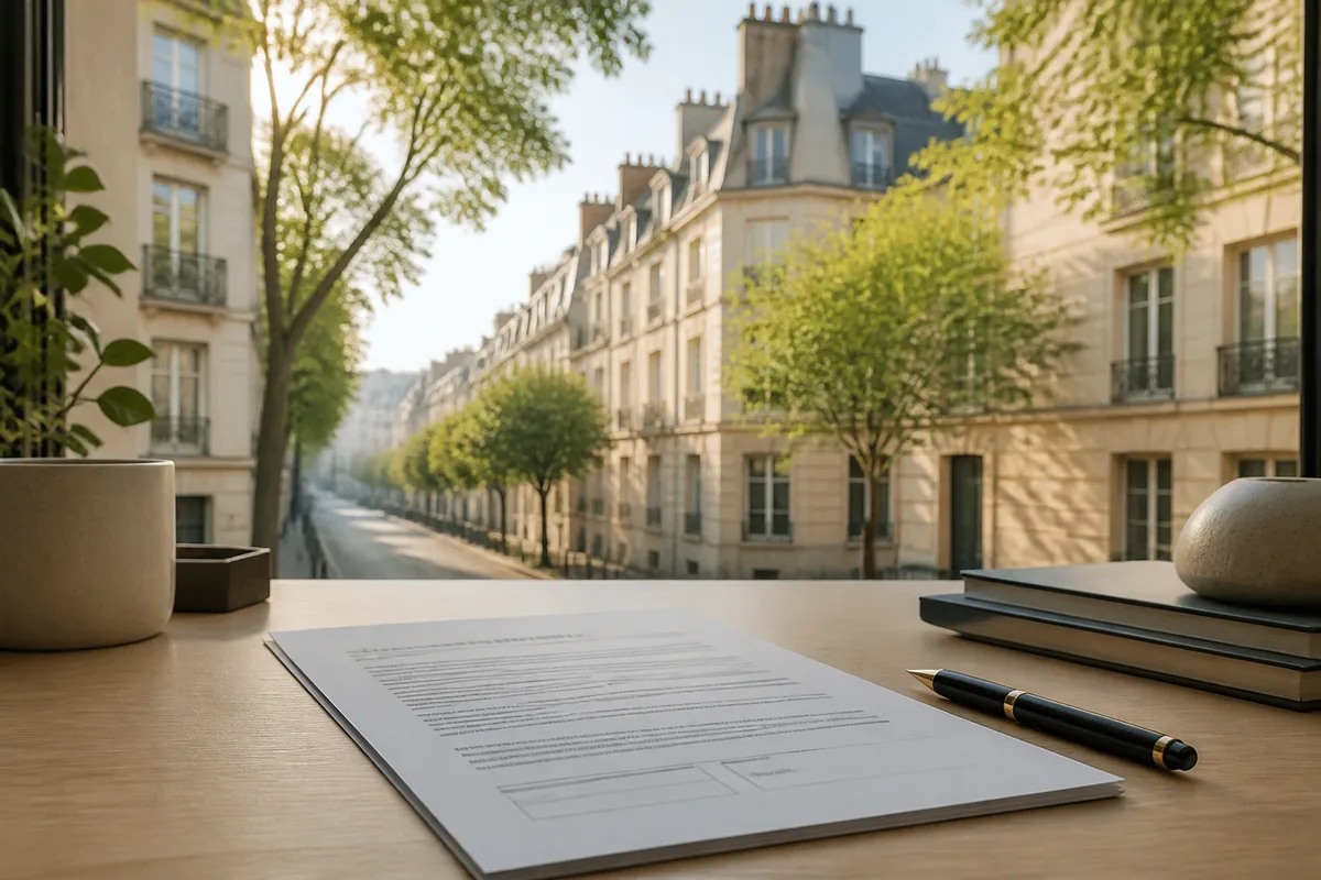 Document de mandat de vente immobilière posé sur un bureau avec un stylo